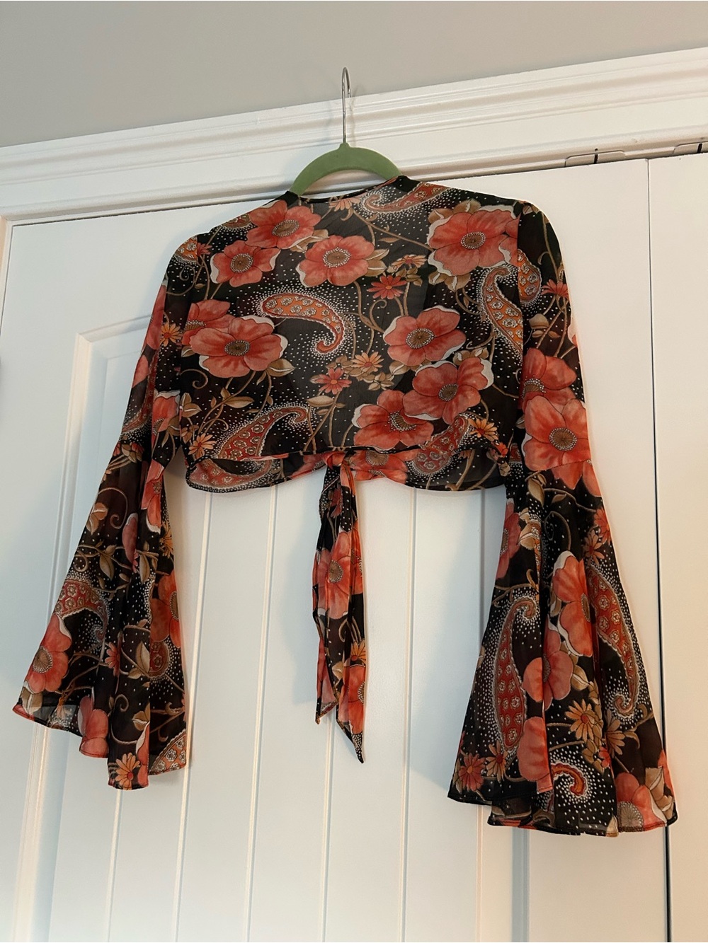 Vintage Bell Flutter Sleeve Floral Paisley Tie Blouse 70s - Picture 3 of 4